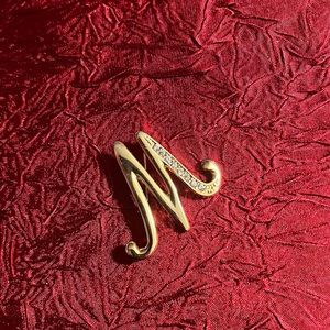 M or W Gold Tone Rhinestone Brooch